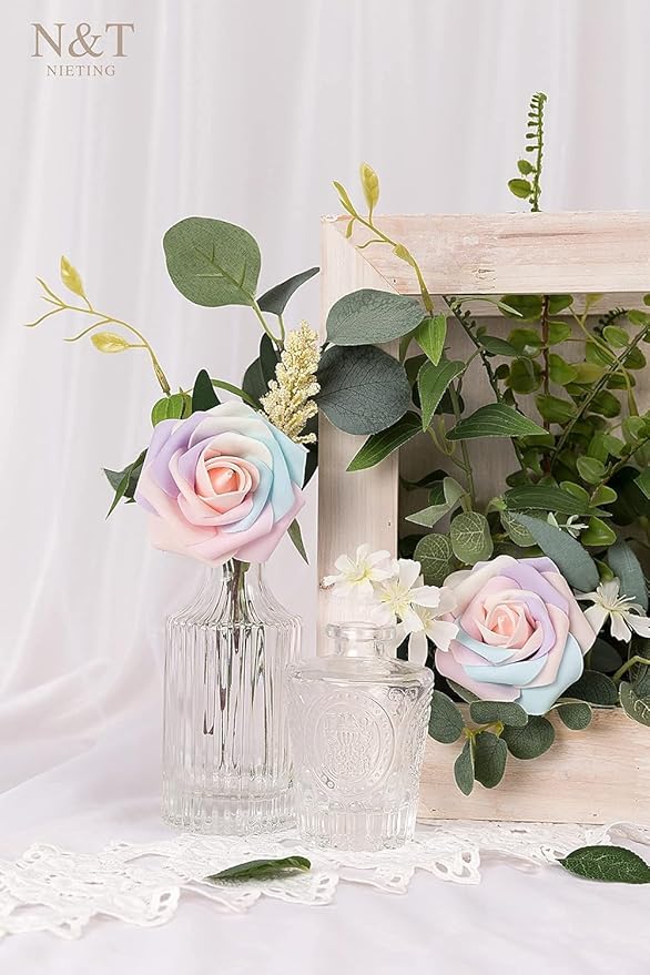 N&T NIETING Artificial Flowers, 25Pcs Fake Flowers Roses Perfect for DIY Wedding Bouquets Centerpieces Bridal Shower Party Home Flower Arrangement Decorations, Rainbow Color