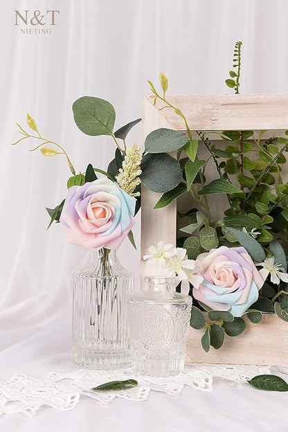 N&T NIETING Artificial Flowers, 25Pcs Fake Flowers Roses Perfect for DIY Wedding Bouquets Centerpieces Bridal Shower Party Home Flower Arrangement Decorations, Rainbow Color