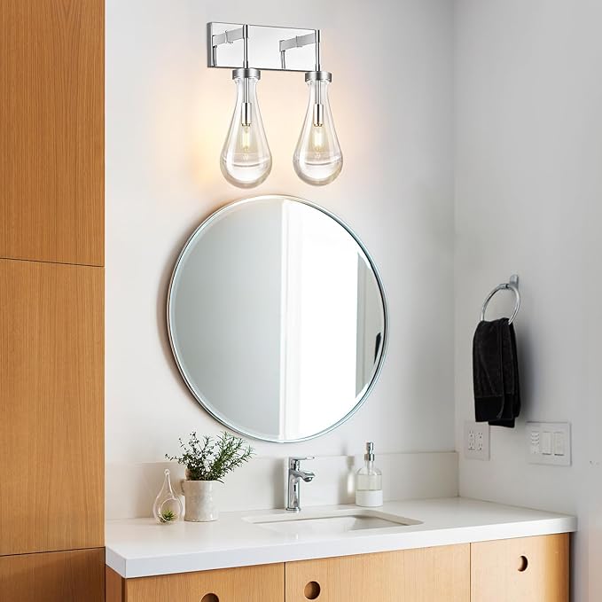Raindrop Wall Sconces Chrome Crystal Sconces Wall Decor Modern Lighting Glass Bathroom Sconces Indoor Vanity Light Wall Lamp for Bedroom Living Room Stair(2-Light)