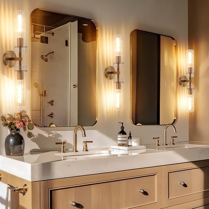 Brass Gold 2-Light Knurled Wall Sconce, Dual-Head Vanity Lamp Set of Two with Vertical Striped Glass Tube, Bathroom Wall Sconces, Wall Lights for Living Room Bedroom Hallway Kitchen Bathroom Mirror