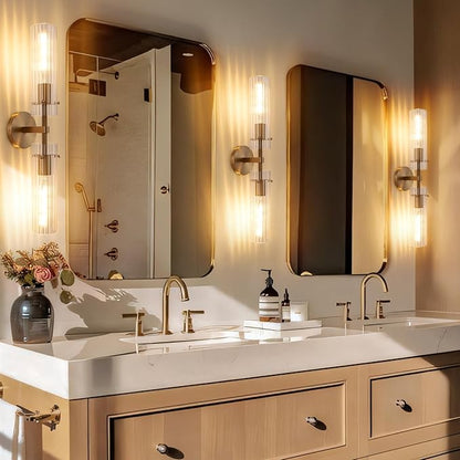 Brass Gold 2-Light Knurled Wall Sconce, Dual-Head Vanity Lamp Set of Two with Vertical Striped Glass Tube, Bathroom Wall Sconces, Wall Lights for Living Room Bedroom Hallway Kitchen Bathroom Mirror