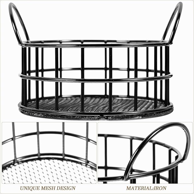 Round Wire Storage Basket for Desk, Makeup Organizer, Small Iron Basket with Handle for Home, Office, Bathroom, Black, 3.93X2.75 Inch