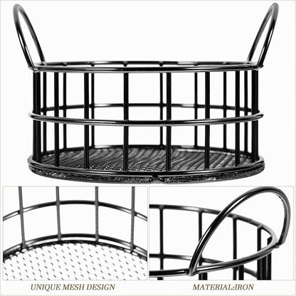 Round Wire Storage Basket for Desk, Makeup Organizer, Small Iron Basket with Handle for Home, Office, Bathroom, Black, 3.93X2.75 Inch