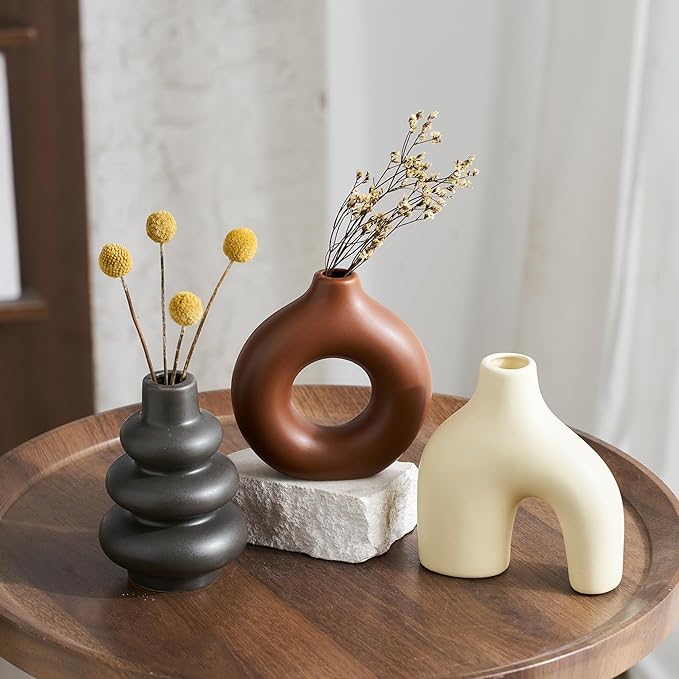 Ceramic Farmhouse Vase Set of 3, Rustic Centerpiece Vases for Fresh Dried Flowers Pampas Grass Bouquets, Boho Home Decor for Living Room Kitchen Entryway Table Mantel, Wedding Decor