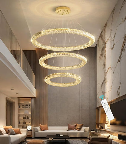 3 Rings Modern LED Chandelier Crystal Dimmable Large Foyer Chanderliers Entryway High Ceiling for Staircase Pendant Lights for Living Room Gold Light