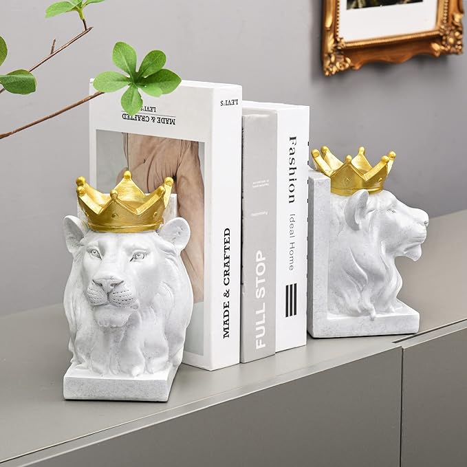 Decorative Lion Bookends - Modern Animal Book Stoppers for Heavy Books - White Lion Figurines