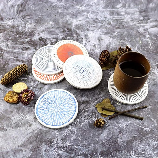 AD Set of 6 Coasters for Drinks Absorbing Round Ceramic Stone Coaster with Cork Base Tabletop Protection Mat for Mugs and Cups,Office,Kitchen (Colorful Series)