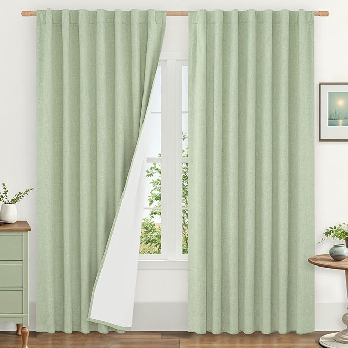 LAMIT 100% Blackout Linen Curtains 84 Inches Long, Living Room Farmhouse Drapes Full Room Darkening Back Tab and Rod Pocket Panels with White Liner, 2 Panels, Light Green, 60 x 84 Inch