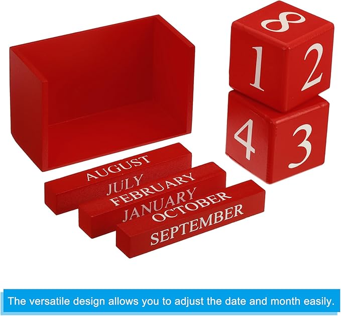 PATIKIL Vintage Wood Block Perpetual Calendar, Reusable Wooden Month Date Display Blocks for Desk Office Home Decoration 6.1", Red