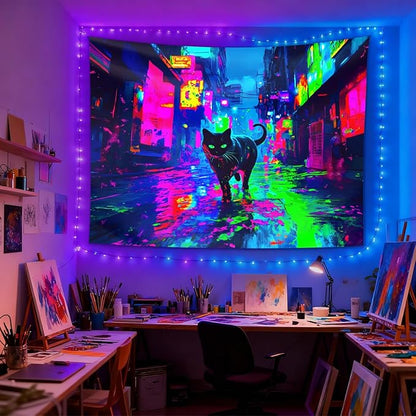 seewan Black Light Reactive Cat Tapestry, Neon Futuristic Urban Street Art, UV-Reactive Cat Tapestry, Sci-Fi Black Cat Wall Decor, Bedroom Dorm Living Room Background Decor