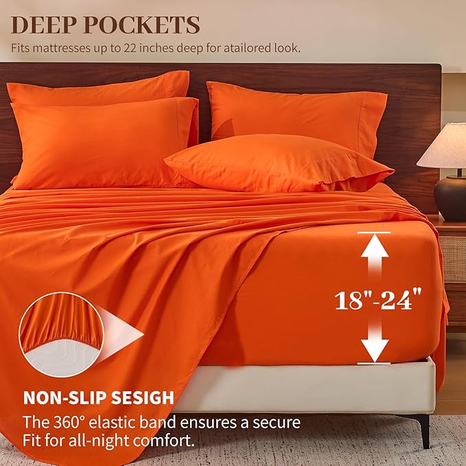 MEISHANG 100% French Pure Linen Sheets Queen Size - 6 PC Extra Deep Pocket Sheet Set, Soft Durable Flax Linen, Anti-Tear Breathable & Oeko-Tex Certified 18-24 Deep Pocket,All Season(Orange)