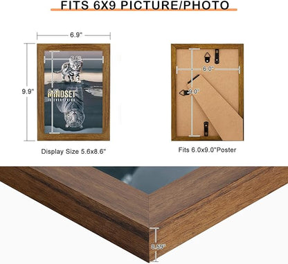 6x9 Picture Frame Brown, Rustic Natural 9x6in Photo/Portrait/Poster/Art Frame, Wall Hanging/Tabletop, Horizontal/Vertical Display Gallery Family Wedding Memorial Pic Frame Gift