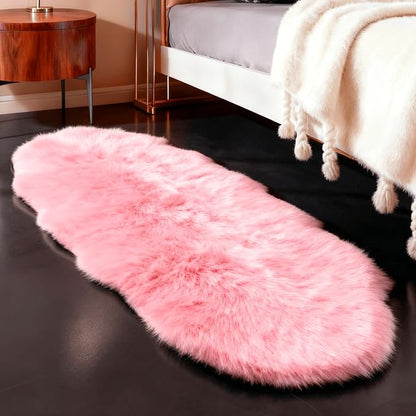 Faux Fur Rug Sheepskin Shag Fluffy Fuzzy Pink 2x6 ft Runner Rugs for Bedroom Bedside Bed Floor Living Room Plush High-Density Cushion Carpet Super Sofa Cover