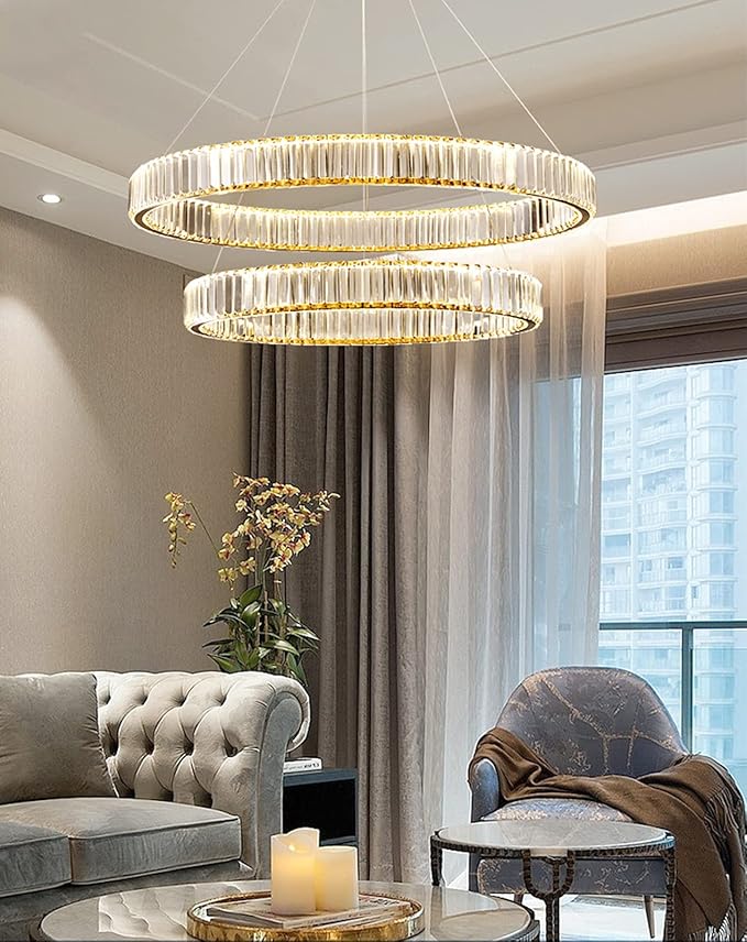 Modern Crystal Chandelier LED Ring Pendant Light 20" Round Crystal Chandeliers for Living Room Dinning Room, Chrome