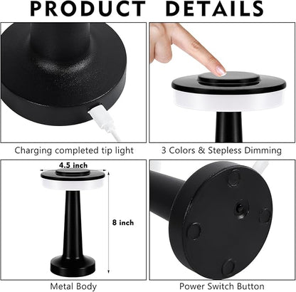 Riakrum 4 Pcs LED Portable Cordless Table Lamp with Touch Sensor 3 Color Stepless Dimming Rechargeable Battery up to 15 Hours Cordless Table Light Wireless Lamp for Nursery (Black)