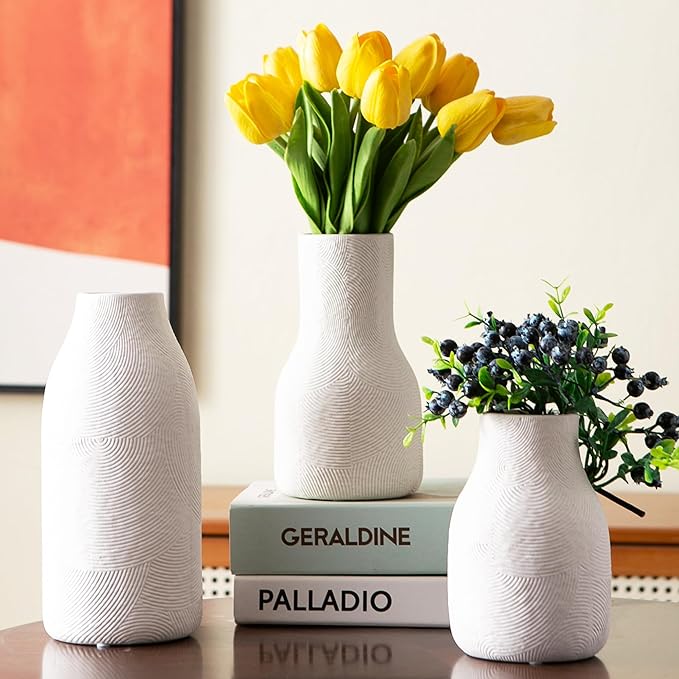 Decorative White Ceramic Vase Set for Modern Boho Home Decor – Set of 3 Textured Pottery Vases for Dried Flowers, Pampas Grass, Living Room, Shelf, or Entryway Display
