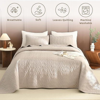 Sanracie Oversized King Quilt Bedspread Sets 120"*120" for Extra Bed, 100% Cotton Linen Colored Cal King Quilt Bedding Set Leaves Quilting Extra Wide Large 3Pcs Coverlet King Size for All Season