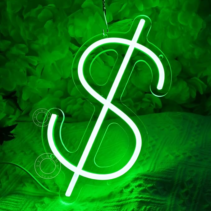 SYLHOME Dollar $ LED Neon Light Sign Money Home Bedroom Game Room Business Pub Store Bar Shop Office Wall Decor Sign Birthday Decor 5V USB Green 11.81" X 6.3"