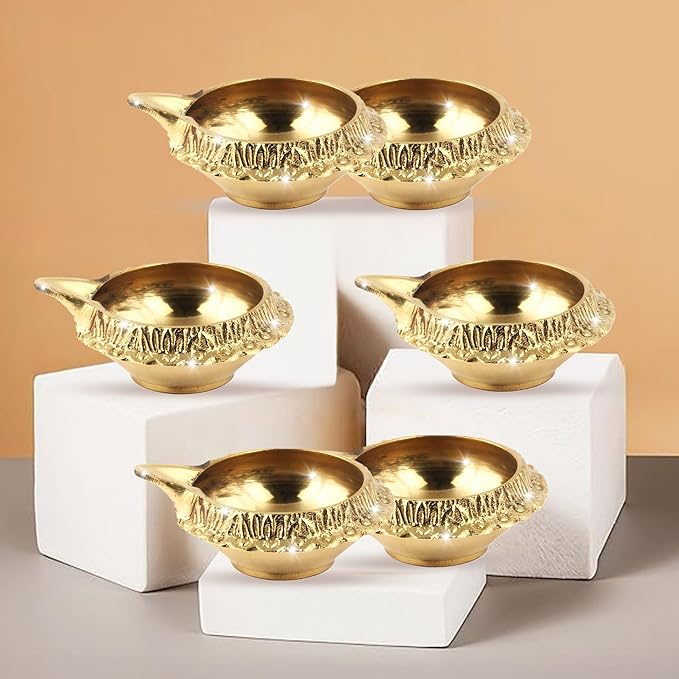 Shubhkart Premium Brass Kuber Deep Diya Set of 6 – Handcrafted Oil Lamps for Home Temple Décor, Yoga, Festive Rituals, Wedding Ceremonies & Spiritual Gifting with Elegant Brass Shine & Classic Design
