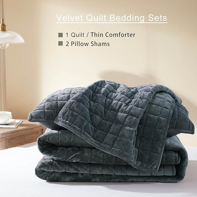 LEAONME Velvet Quilt Oversized California King-120''x120'', Lightweight Navy Blue Velvet Comforter Set with 2 Pillow Shams, Oversized Bedspread Coverlet Quilted Bedding Set for All Season