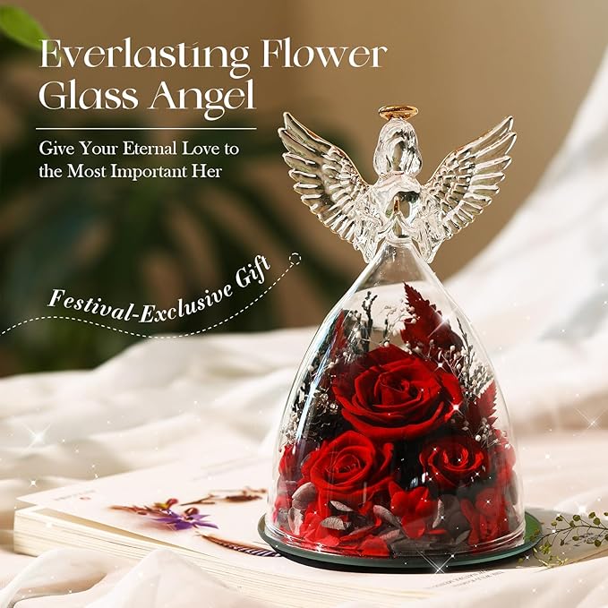 Valentines Day Roses Gifts for Women,Preserved Real Flowers Roses in Glass Angel Figurines,Valentines Day Gifts for Women Mom Wife Girlfriend./Red