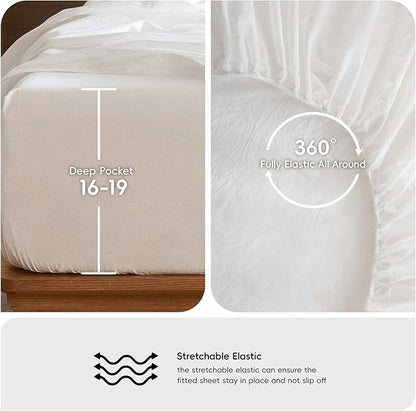 MooMee Bedding Sheet Set 100% Washed Cotton Linen Like Textured Breathable Durable Soft Comfy (Solid Off White, California King)