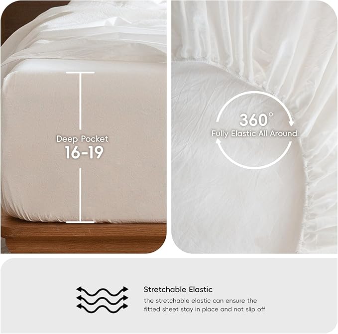MooMee Bedding Sheet Set 100% Washed Cotton Linen Like Textured Breathable Durable Soft Comfy (Solid Off White, Twin)