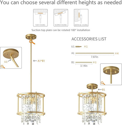LMQNINE Modern Foyer Chandelier, Gold Crystal Chandelier Entryway Pendant Light Fixture, Round Adjustable Height Chandeliers for Kitchen Island, L11.81'' x H7.87''