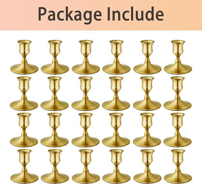Vintage Brass Gold Taper Candle Holders, Set of 24, Metal Taper Candlestick Holder for Dinner Room Table Centerpiece, Wedding Reception, Festive,Mantel Decoration, Home Decor