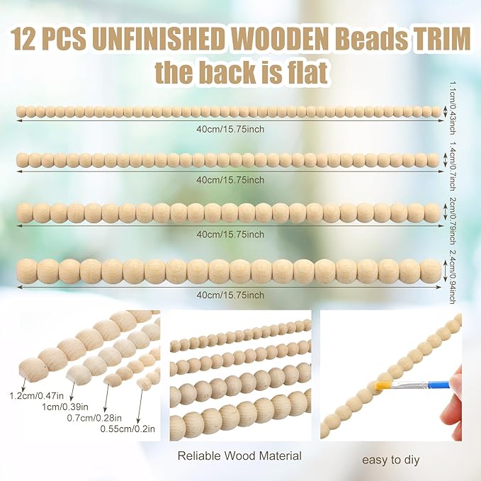 Nuanchu 12 Pcs Decorative Beaded Wood Trim Molding Half Wooden Beads Bobbin Trims 15.75 Inch Unfinished 3D Pearl Paintable Wood Molding for DIY Crafts Home Wall Cabinet Shelf Window Door (Mixed Sizes)