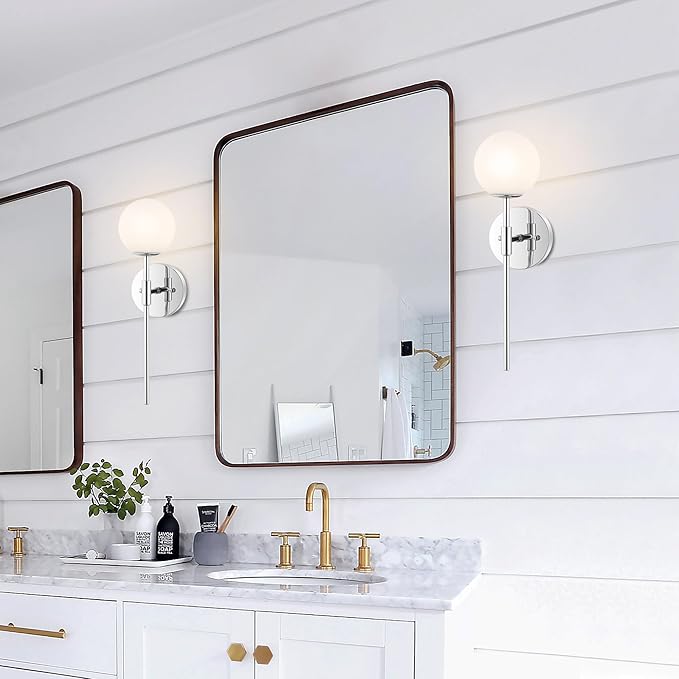 Modern Wall Sconce Set of 2 White Globe Glass Shades Mid Century Bathroom Vanity Wall Light Fixtures Industrial Wall Lamp for Bedroom Mirror Living Room Restaurant (Chrome Color)