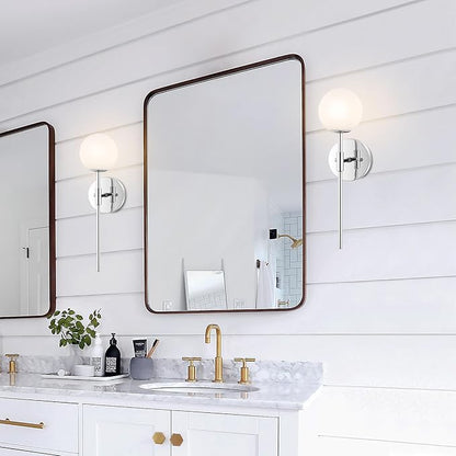 Modern Wall Sconce Set of 2 White Globe Glass Shades Mid Century Bathroom Vanity Wall Light Fixtures Industrial Wall Lamp for Bedroom Mirror Living Room Restaurant (Chrome Color)
