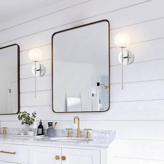 Modern Wall Sconce Set of 2 White Globe Glass Shades Mid Century Bathroom Vanity Wall Light Fixtures Industrial Wall Lamp for Bedroom Mirror Living Room Restaurant (Chrome Color)
