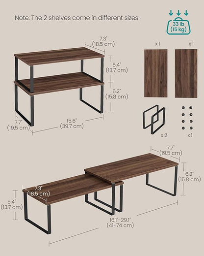 SONGMICS Cabinet Organizer Shelf, Set of 2 Kitchen Counter Shelves, Kitchen Storage, Spice Rack, Stackable, Expandable, Metal and Engineered Wood, Natural Walnut and Matte Black UKCS025K01