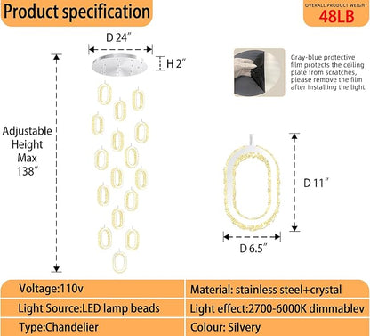 Large Ring Drop Chandelier for Stair Long Spiral Crystal Chandeliers for High Ceiling LED Crystal Ring Chandelier Dimmable 2700K-6000K 16-Light Silver