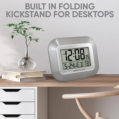 Westclox Large Digital Wall Clock with Date, Day & Temperature – Battery Operated Digital Clock with Alarm & Snooze, 12/24 Hour Display, Stylish Wall or Desk Clock for Home, Office & Bedroom (Gray)