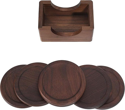 Mu&Ti Classic Walnut Dark Coaster Set of 6 Pieces. Including The Holder Pure Natural Wood and Texture. Wonderful Decor for Dining Tables and Office Tables