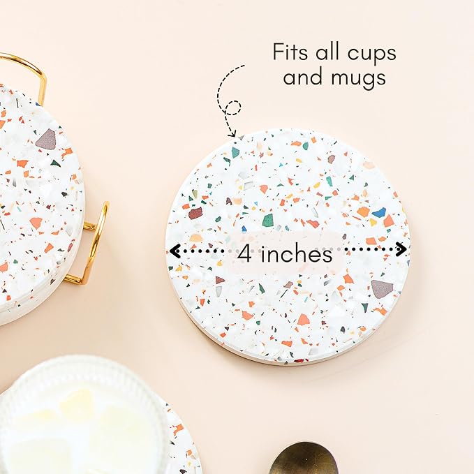 Green Terrazzo Drink Absorbent Coasters with Holder Set of 6, Ceramic Coaster for Drinks, Coffee Table Decor, Water Absorbing Stone Coaster for Drinks (Sage)