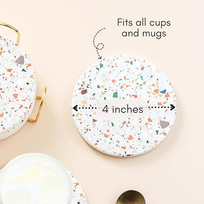 Green Terrazzo Drink Absorbent Coasters with Holder Set of 6, Ceramic Coaster for Drinks, Coffee Table Decor, Water Absorbing Stone Coaster for Drinks (Sage)