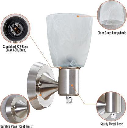 Wall Sconces Set of 2, Brushed Nickel Vanity Lights for Bathroom, Modern Wall Light Fixtures with Rotary Switch, Wall Mount Light with Frosted Glass, Farmhouse Lamp for Bedroom Living Room