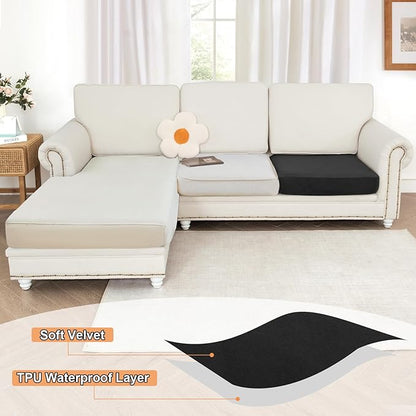 NAISI Waterproof Couch Cushion Covers Thick Velvet Fabric Washable Sofa Slipcovers 1 Piece Individual Sectional Couch Covers with Elastic Bottom(1 PC for Seat Cushion or Backrest,Black)