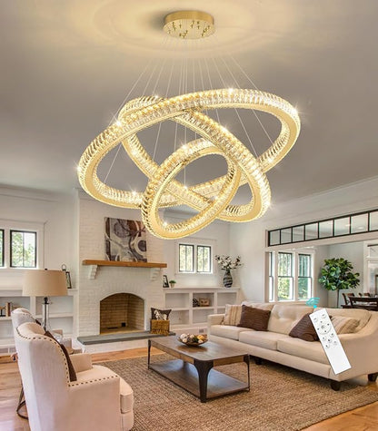3 Rings Modern LED Chandelier Crystal Dimmable Large Foyer Chanderliers Entryway High Ceiling for Staircase Pendant Lights for Living Room Gold Light