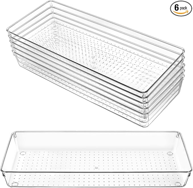 6 Pack Clear Drawer Organizer Trays 15 x 6 x 2 Inch Large Size Clear Plastic Desk Drawer Storage Bins Container Desk Drawers Divider Storage Bins for Utensils Junks Vanities Makeups Jewelry