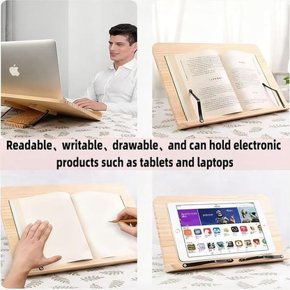Bamboo Book Stand, Adjustable Reading Rest Holder, Natural Wood, Desktop Document Stand for Reading, Cooking (11x7.9inch)