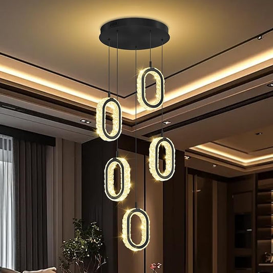 Dimmable Rings Chandelier for Staircase, Black Crystal Ring Chandelier High Ceiling 5-Light Oval Ring Pendant Light for Living Room,Hallway, Entryway, Bedroom