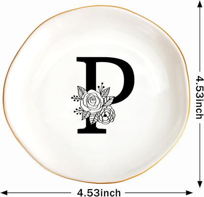 JoycuFF Initial P Ceramic Jewelry Tray, Bridesmaid Bride Gifts, Mothers Day Christmas Anniversary Engagement Birthday Gifts for Women Couples, Trinket Dish for Rings Earrings Necklaces Bracelets Keys