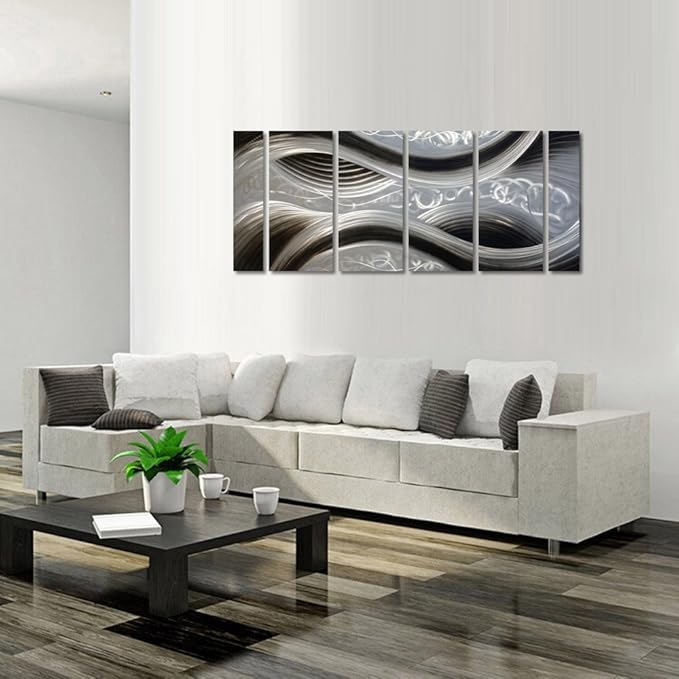 MyArton Handcrafted Abstract Metal Wall Art with Soft Color, Large Scale Decor in Black Line Design, 3D Artwork for Indoor Outdoor Wall Decorations, 6-Panels Metal Art Measure 24"x 65"