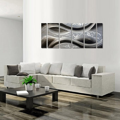 MyArton Handcrafted Abstract Metal Wall Art with Soft Color, Large Scale Decor in Black Line Design, 3D Artwork for Indoor Outdoor Wall Decorations, 6-Panels Metal Art Measure 24"x 65"