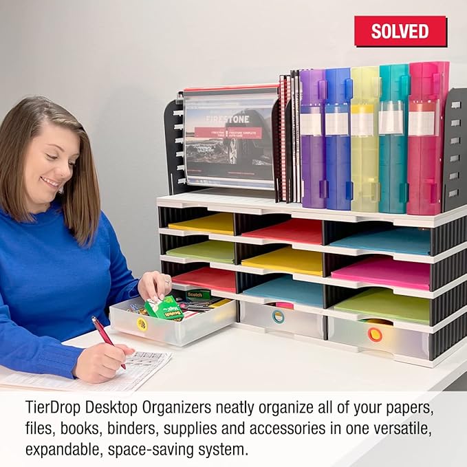 Desktop Organizer 12 Letter Tray Sorter with Hanging File Topper & 3 Supply Drawers - TierDrop Desktop Organizer Stores All of Your Documents, Books, Binders and Supplies in One Compact Modular System