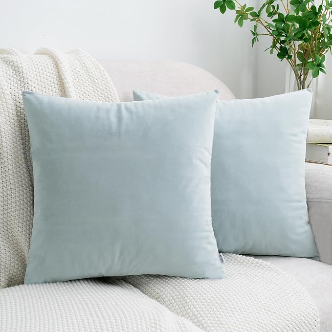 HWY 50 Baby Blue Velvet Throw Pillow Covers 16x16 Inch, Pack of 2 Soft Cozy Solid Decorative Luxury Cushion Cases for Couch Sofa Bed Living Room Bedroom